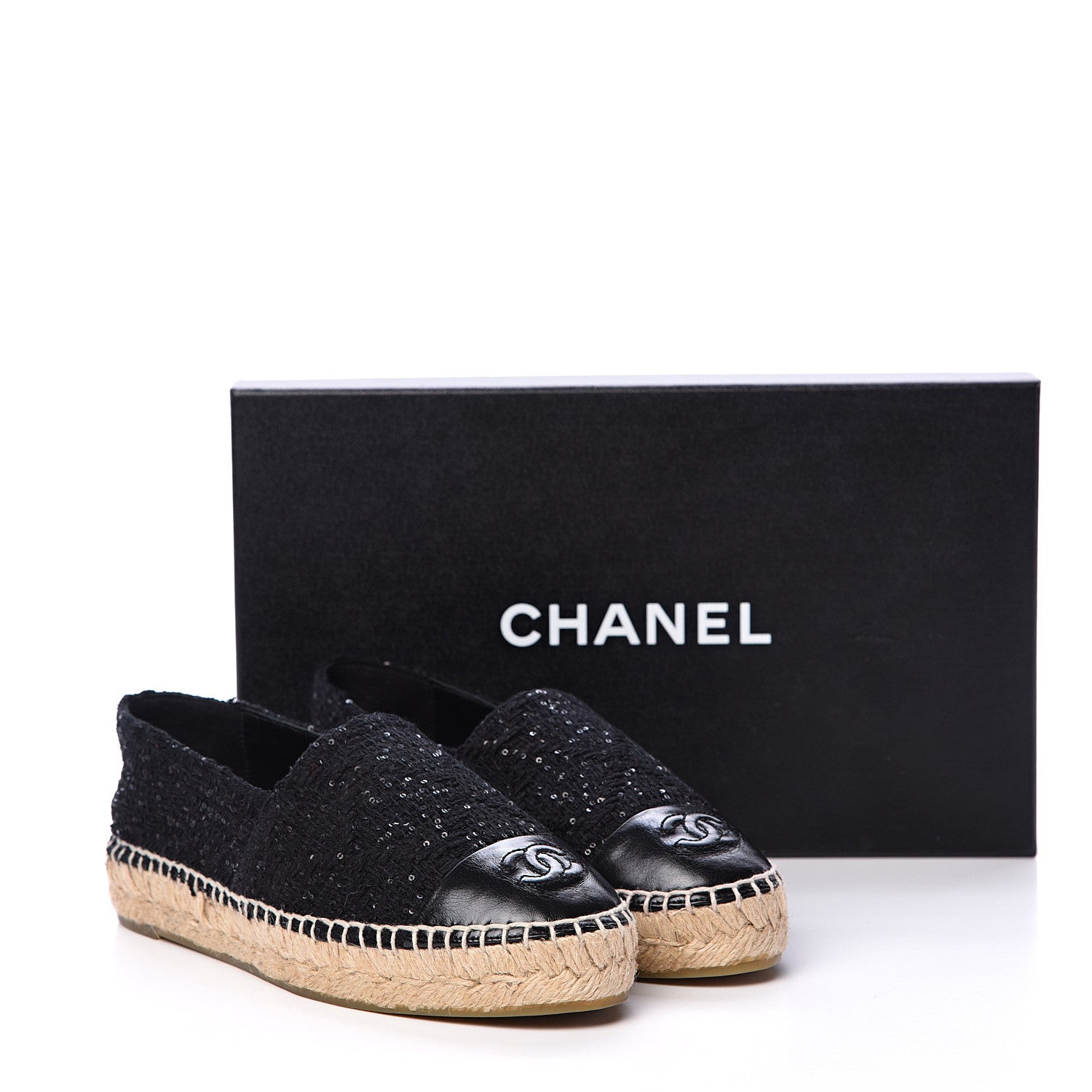 Chanel Tweed Patent Goatskin Sequin CC Espadrilles 36 Black 12 of 12