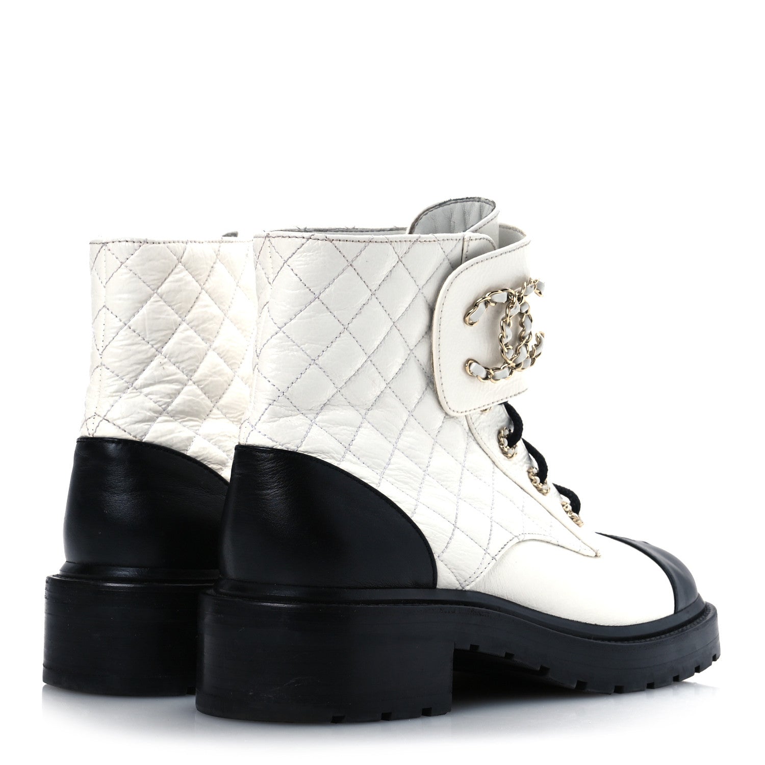 Chanel Shiny Goatskin Calfskin Quilted Lace Up Combat Boots 41.5 White Black 5 of 15