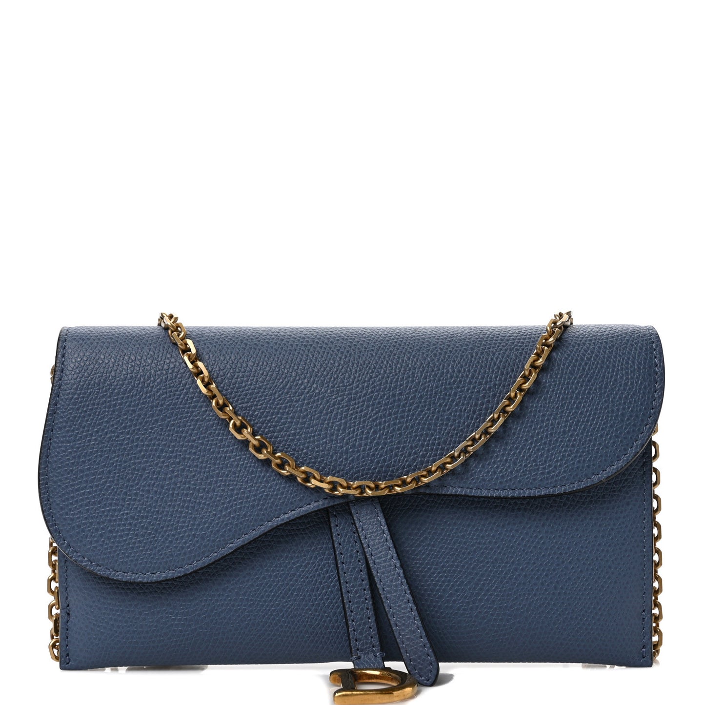 Grained Calfskin Saddle Chain Wallet Pouch Denim