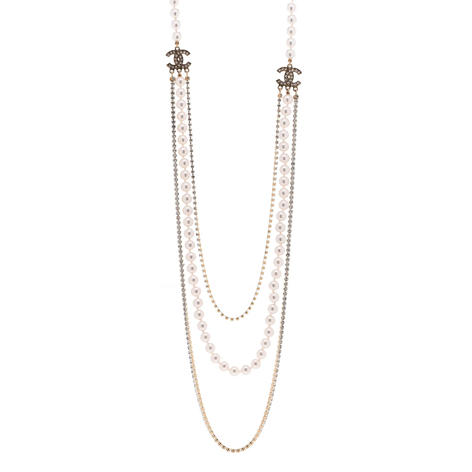 Chanel Pearl Crystal Multi Strand CC Long Necklace Gold 1 of 4