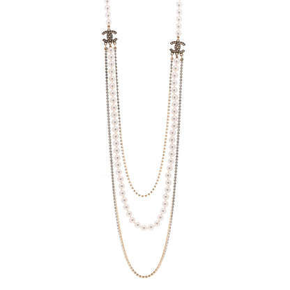 Chanel Pearl Crystal Multi Strand CC Long Necklace Gold 1 of 4