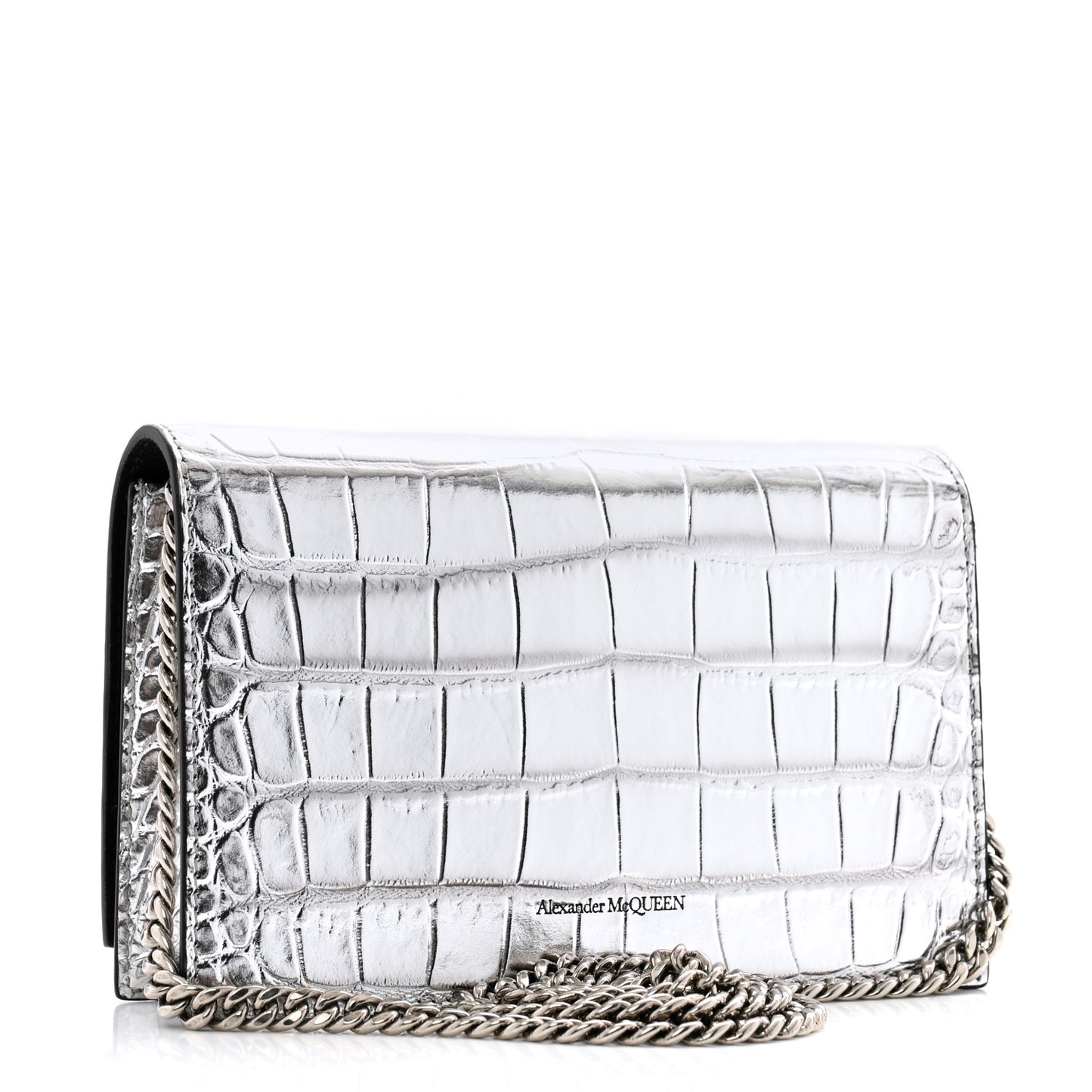 Metallic Calfskin Crocodile Embossed Skull Mini Shoulder Bag Silver
