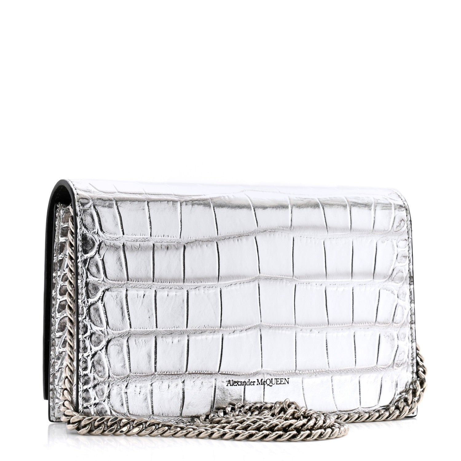Alexander McQueen Metallic Calfskin Crocodile Embossed Skull Mini Shoulder Bag Silver 3 of 11