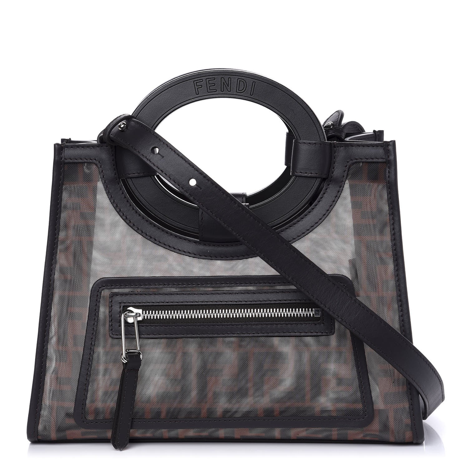 Fendi Mesh Vitello Century Cuoio FF 1974 Small Runaway Shopper Tote Marrone Black Ebano 1 of 9