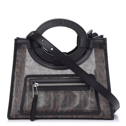 Fendi Mesh Vitello Century Cuoio FF 1974 Small Runaway Shopper Tote Marrone Black Ebano 1 of 9