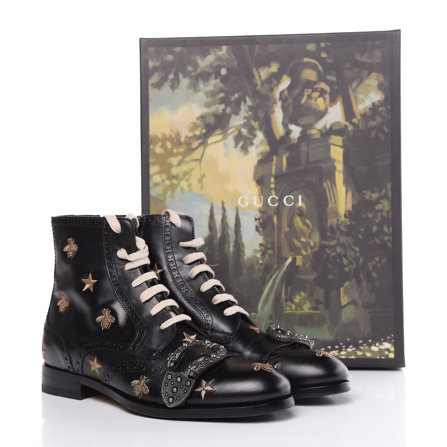 Gucci Calfskin Bee Star Embroidered Mens Queercore Brogue Wingtip Boots 7.5 Black 10 of 10