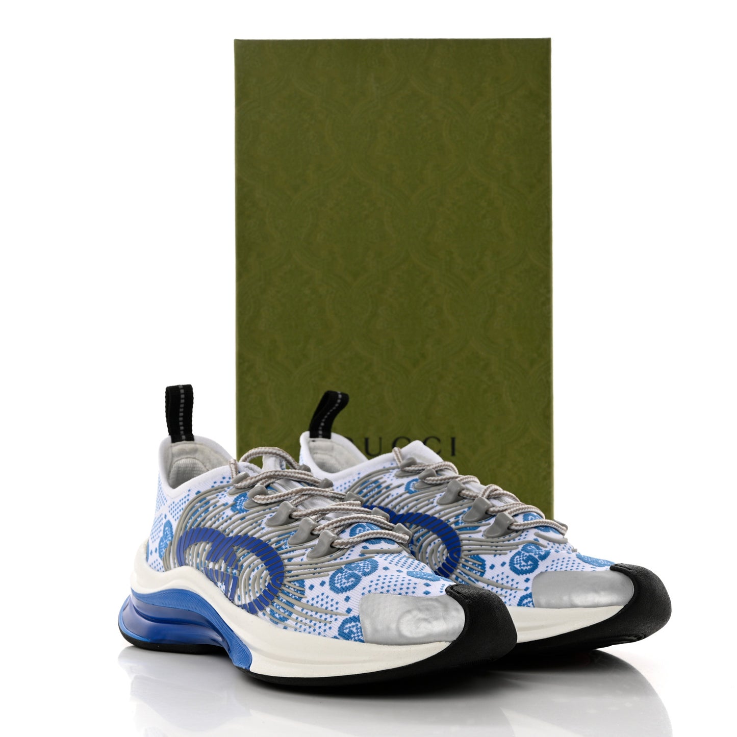 Technical Knit Fabric Waves GG Monogram Womens Gucci Run Sneakers 37.5 Great White Bright Splash Thunder Grey Sky