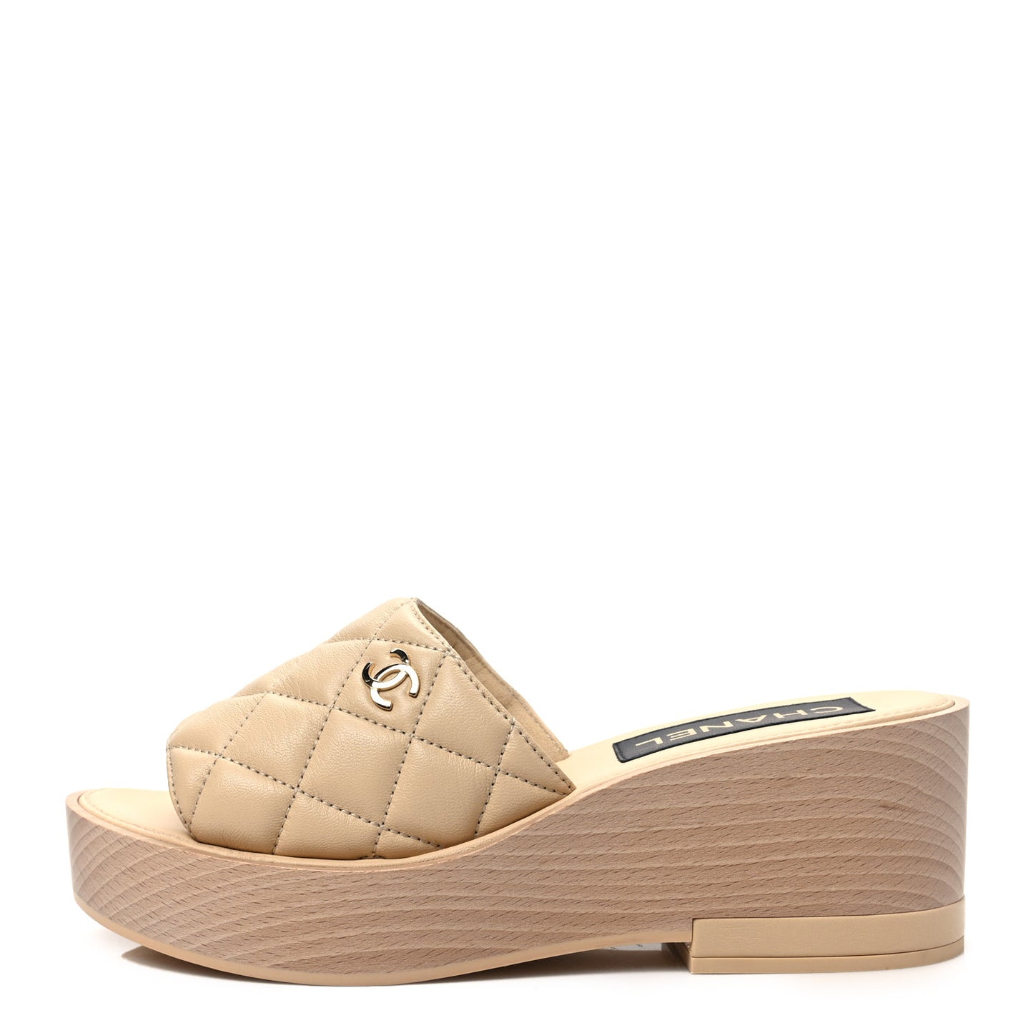 Lambskin Quilted CC Slip On Platform Sandals 39 Beige