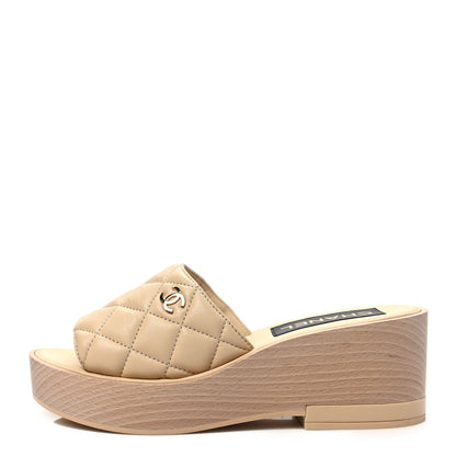 Chanel Lambskin Quilted CC Slip On Platform Sandals 39 Beige 1 of 9