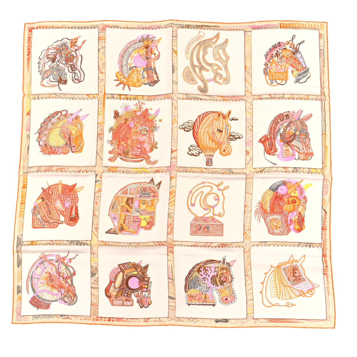 Silk Chevaloscope Scarf 90 White Orange Parme
