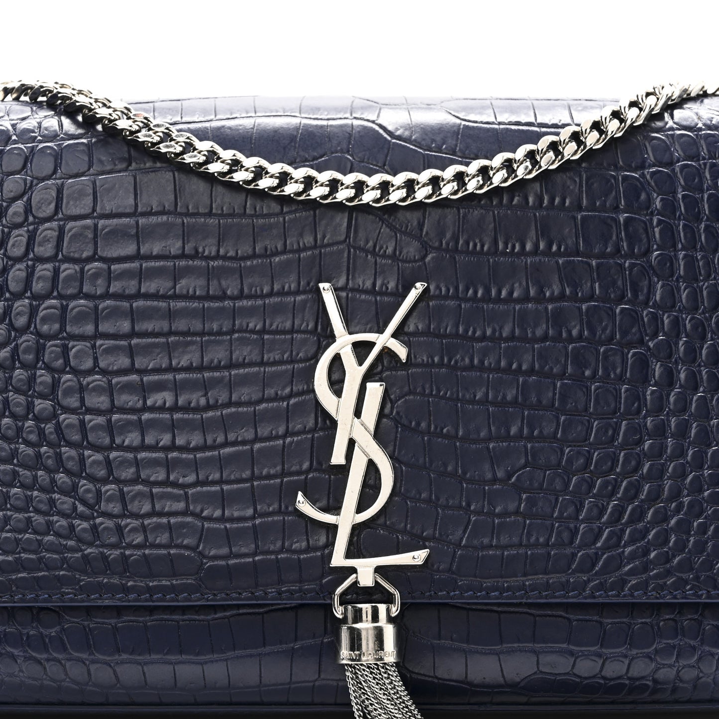 Calfskin Crocodile Embossed Medium Classic Monogram Kate Tassel Satchel Deep Marine