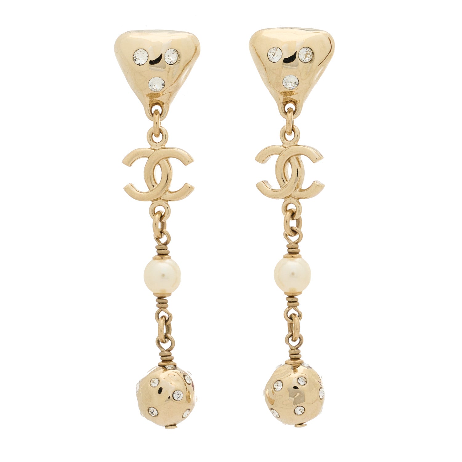 Chanel Metal Crystal Pearl Heart CC Drop Pendant Earrings Gold Pearly White 1 of 5