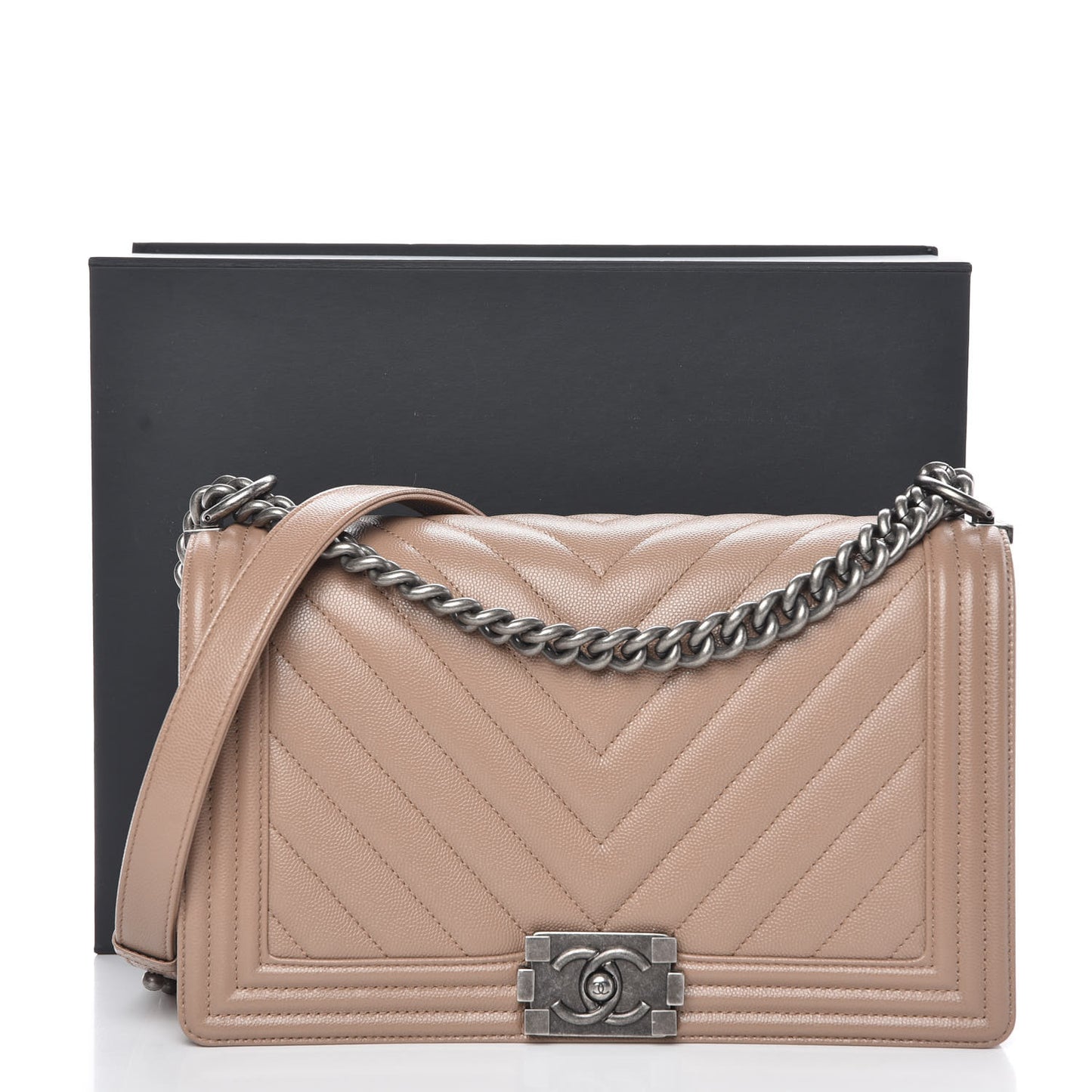 Caviar Chevron New Medium Boy Flap Dark Beige