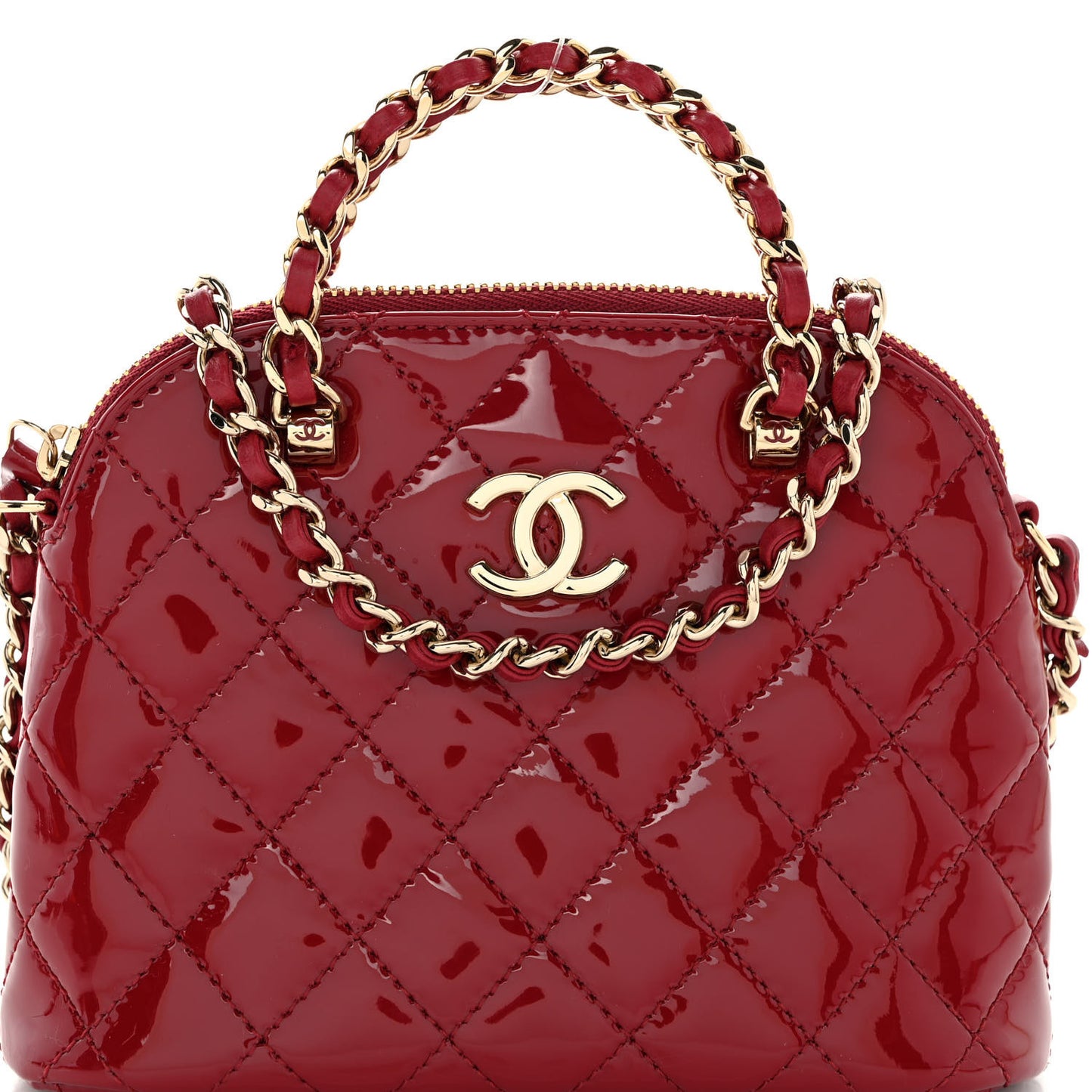 Patent Calfskin Quilted Shiny Coco Clutch With Chain Red