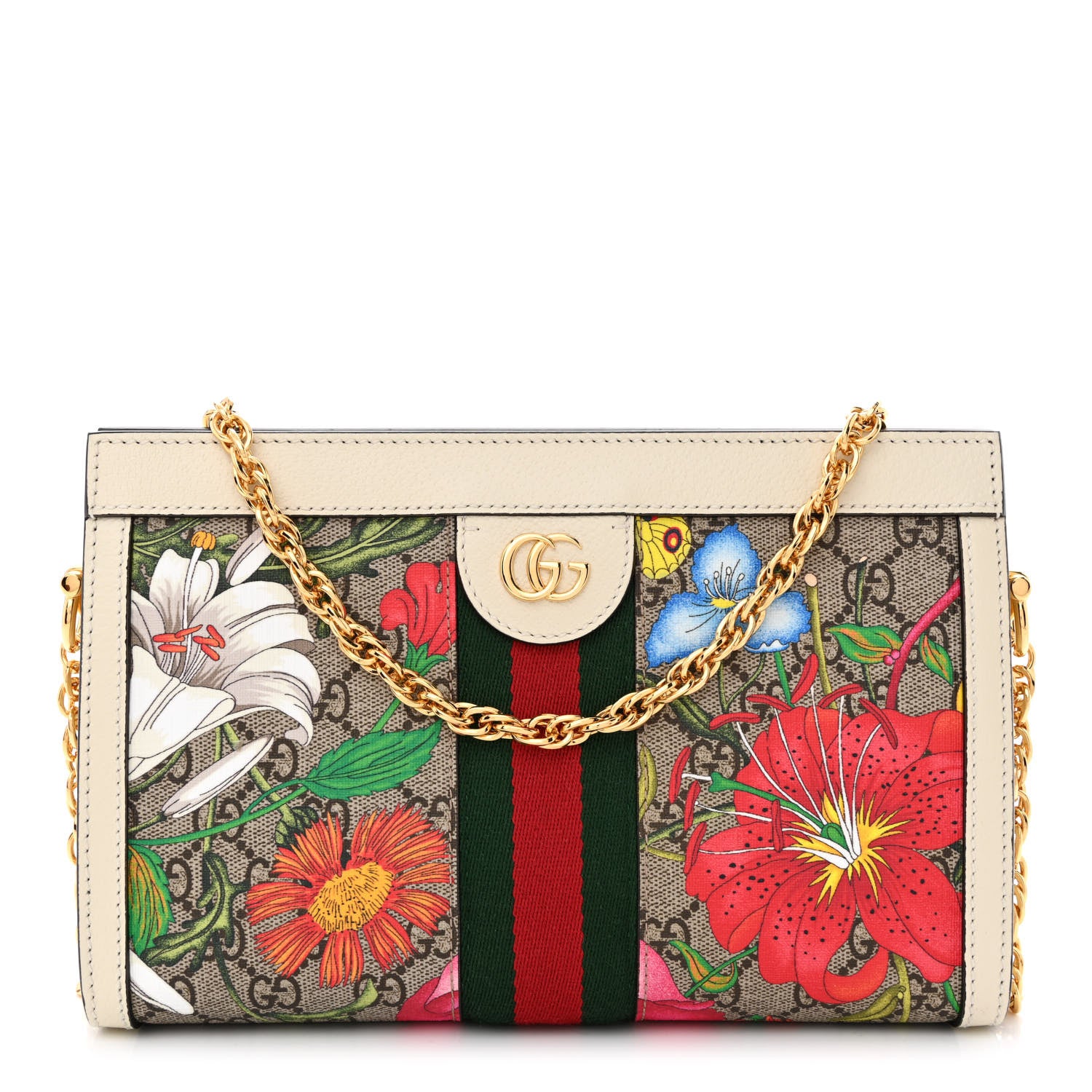 Gucci GG Supreme Monogram Flora Web Small Ophidia Chain Shoulder Bag White 1 of 10