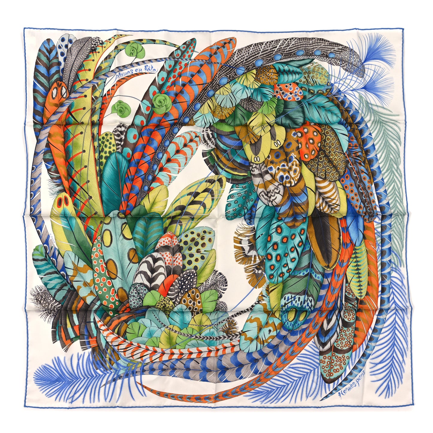 Silk Plumes En Fete Scarf 90 Blanc Turquoise Multicolor