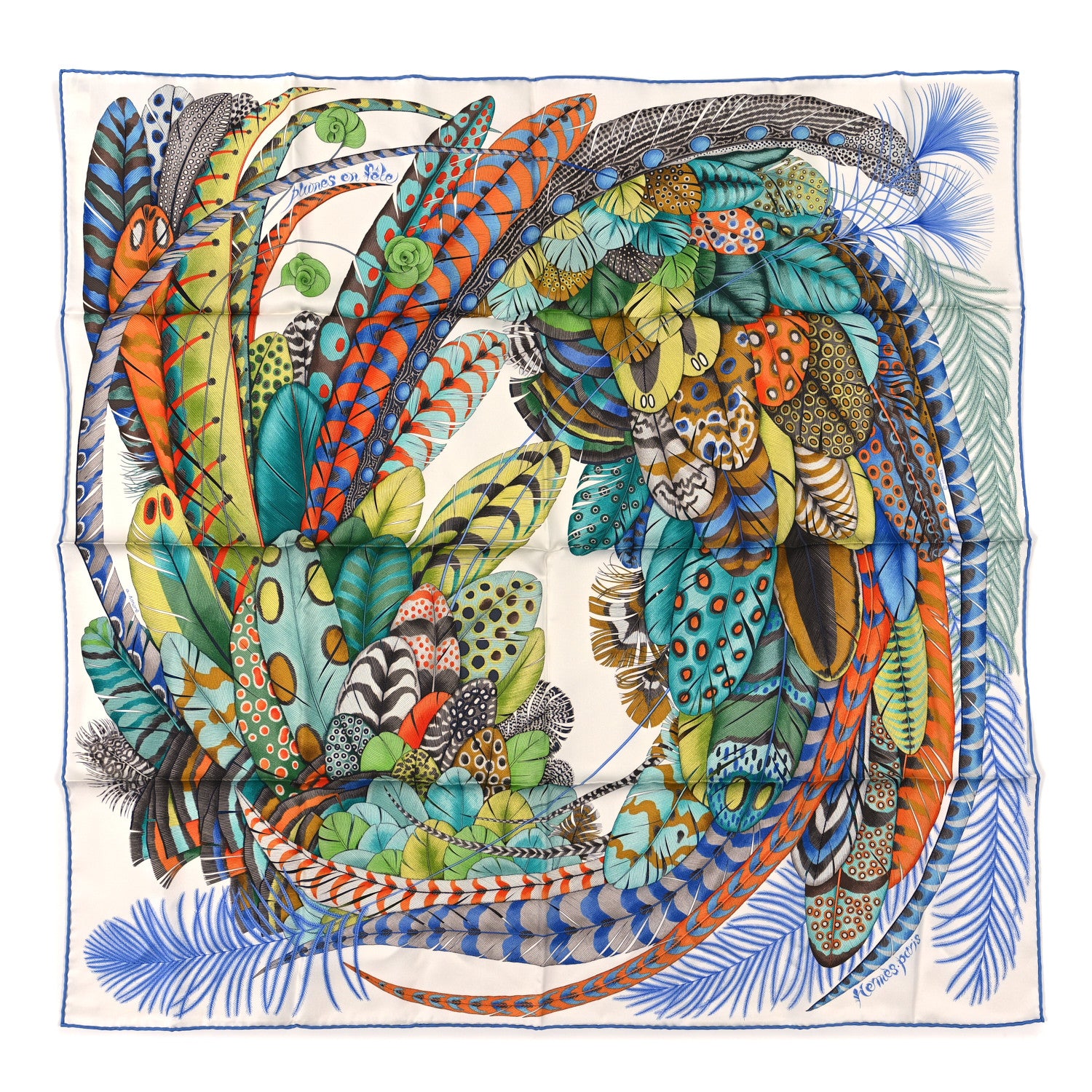 Hermes Silk Plumes En Fete Scarf 90 Blanc Turquoise Multicolor 1 of 3