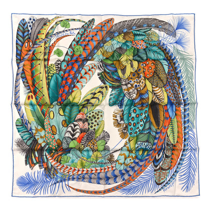 Hermes Silk Plumes En Fete Scarf 90 Blanc Turquoise Multicolor 1 of 3