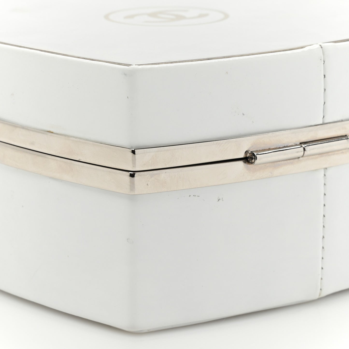 Patent Goatskin Quilted Make-Up Box Clutch With Chain White