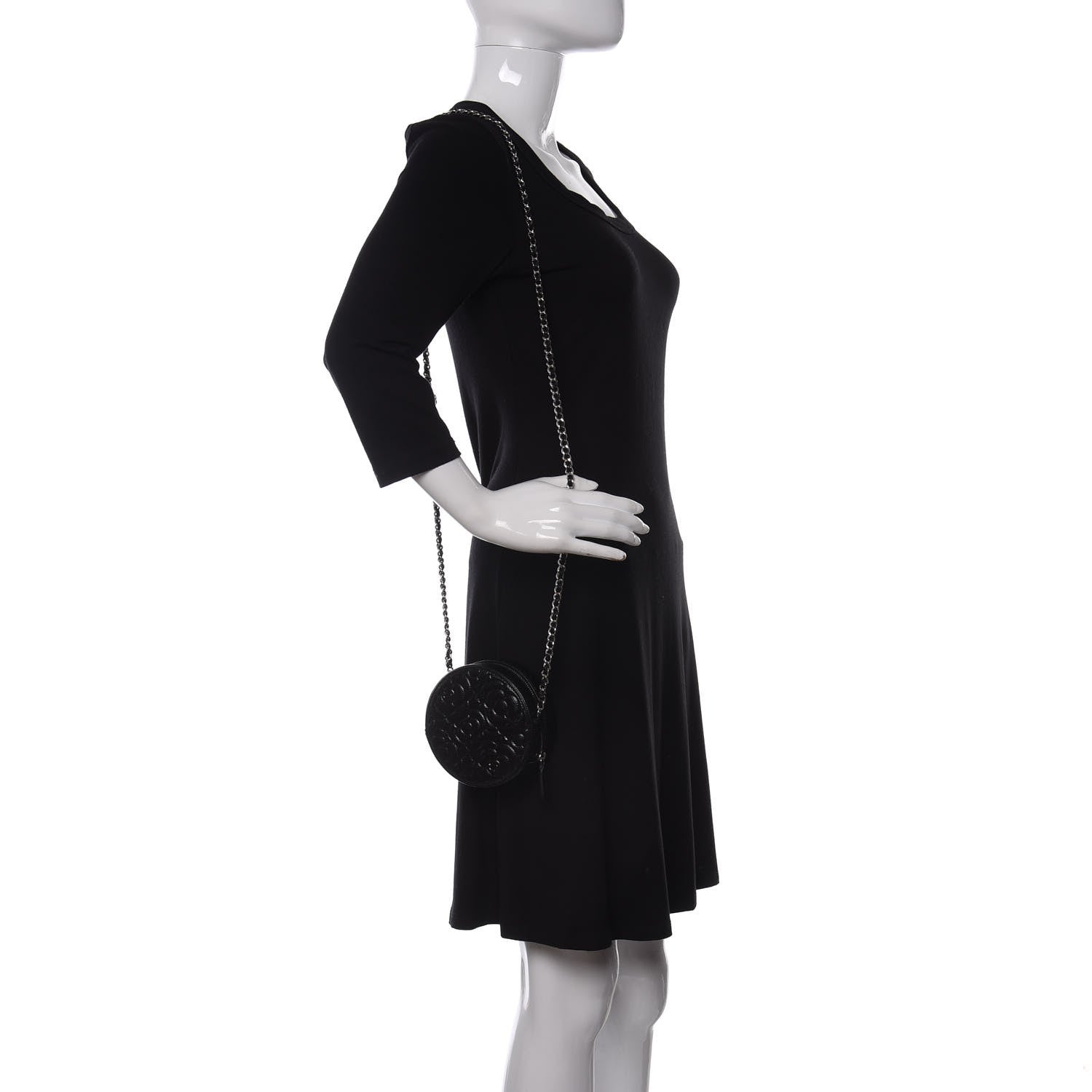Chanel Caviar Camellia Embossed Round Clutch With Chain Black 2 of 10