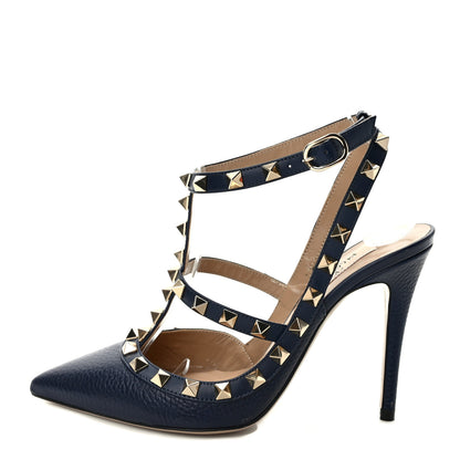 Valentino Garavani Pebbled Calfskin Rockstud Ankle Strap 100mm Pumps 36 Blue 1 of 7