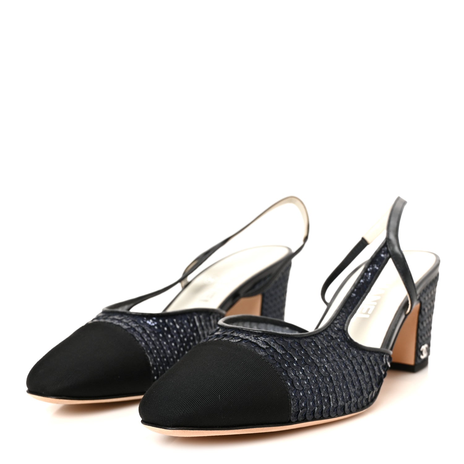 Chanel Glittered Muslin Grosgrain Cap Toe Slingback Pumps 39.5 Navy Blue Black 4 of 11