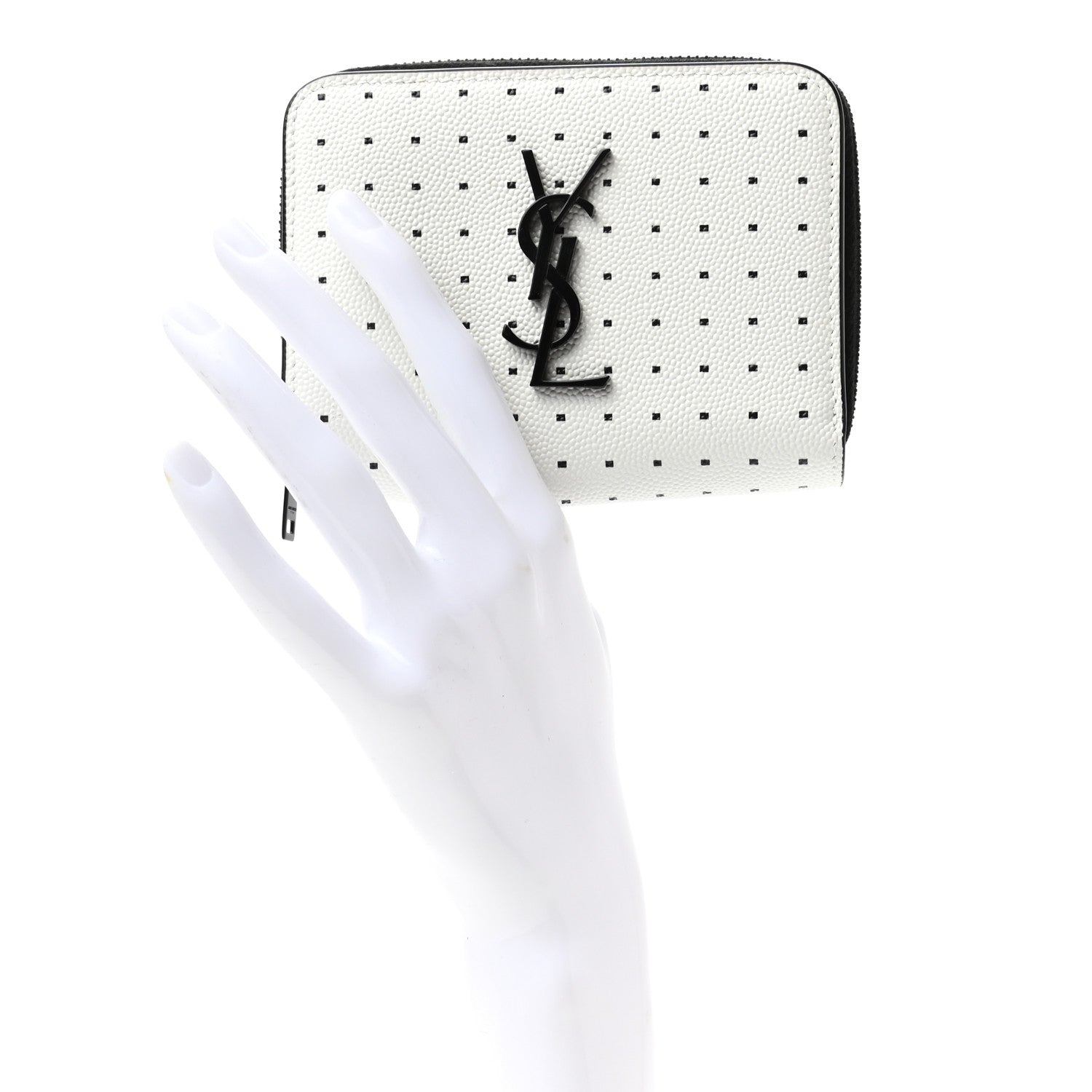 Saint Laurent Grain De Poudre Matelasse Dotted Squares Monogram Compact Zip Around Wallet White Black 2 of 7