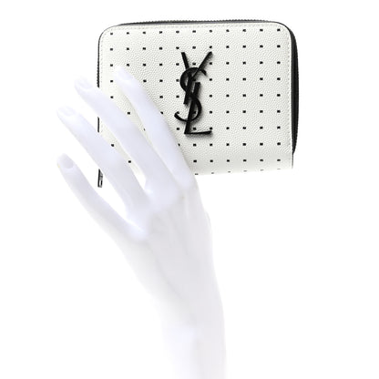 Saint Laurent Grain De Poudre Matelasse Dotted Squares Monogram Compact Zip Around Wallet White Black 2 of 7