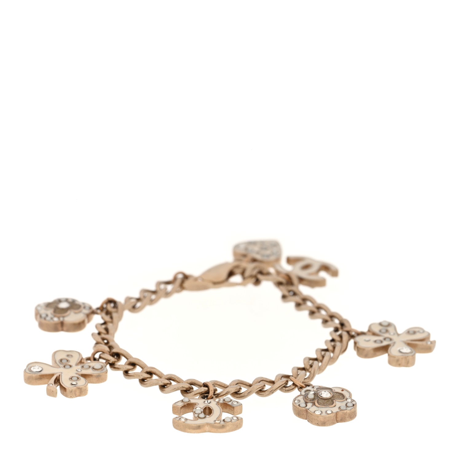 Chanel Enamel Crystal Pearl CC Lucky Charms Bracelet Gold White 1 of 5