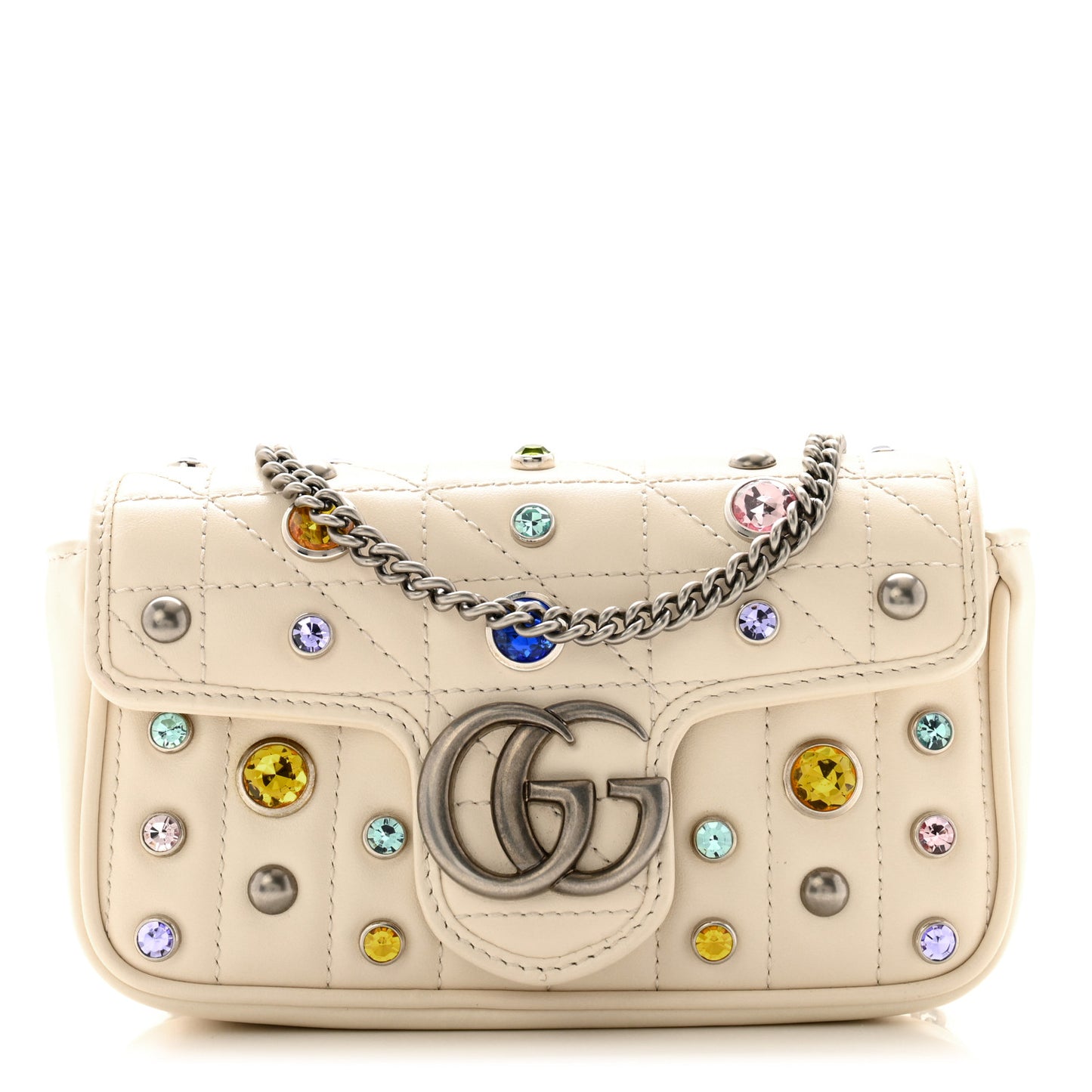 Calfskin Crystal Matelasse Aria Super Mini GG Marmont Shoulder Bag Mystic White Multicolor