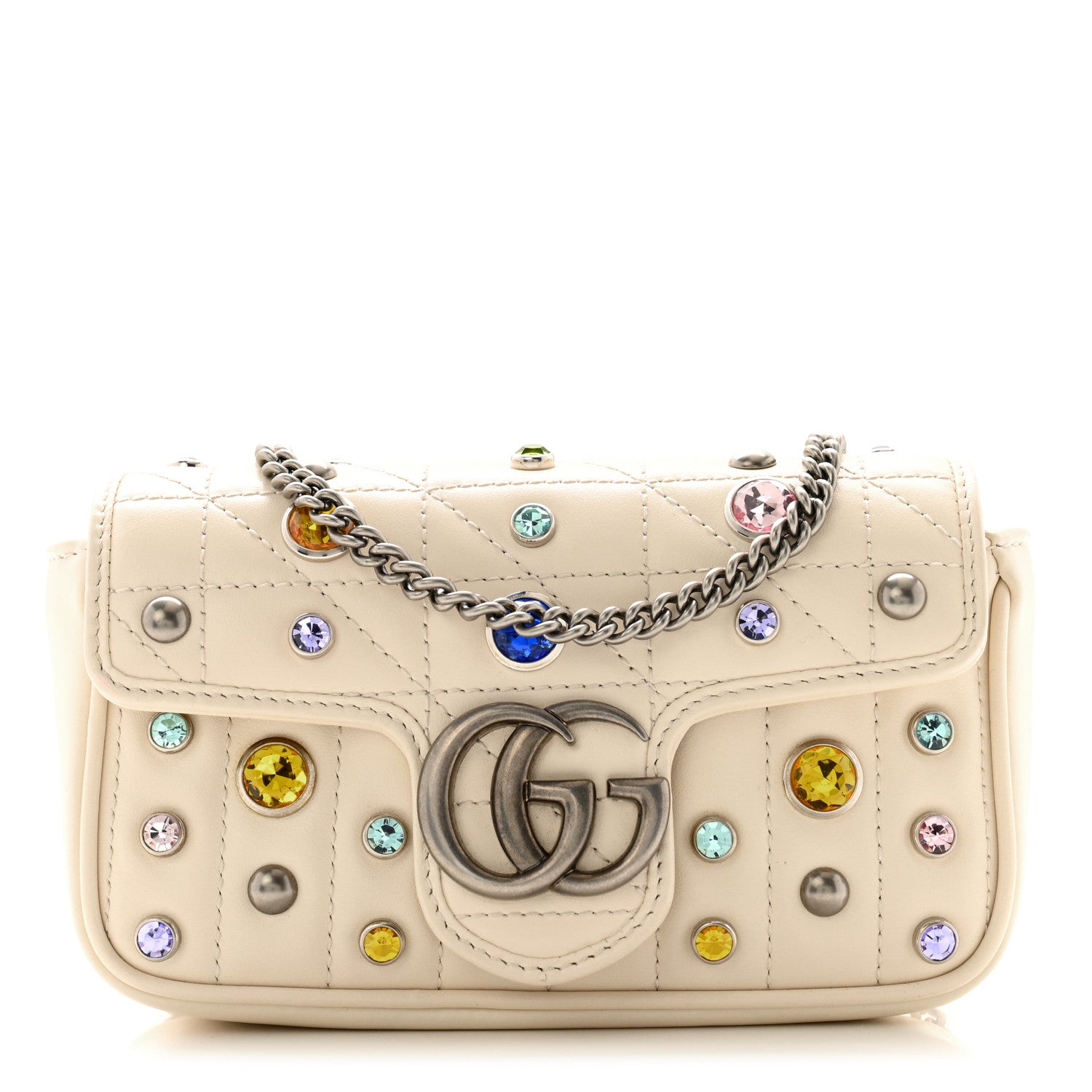 Gucci Calfskin Crystal Matelasse Aria Super Mini GG Marmont Shoulder Bag Mystic White Multicolor 1 of 11