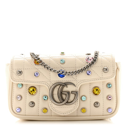 Gucci Calfskin Crystal Matelasse Aria Super Mini GG Marmont Shoulder Bag Mystic White Multicolor 1 of 11