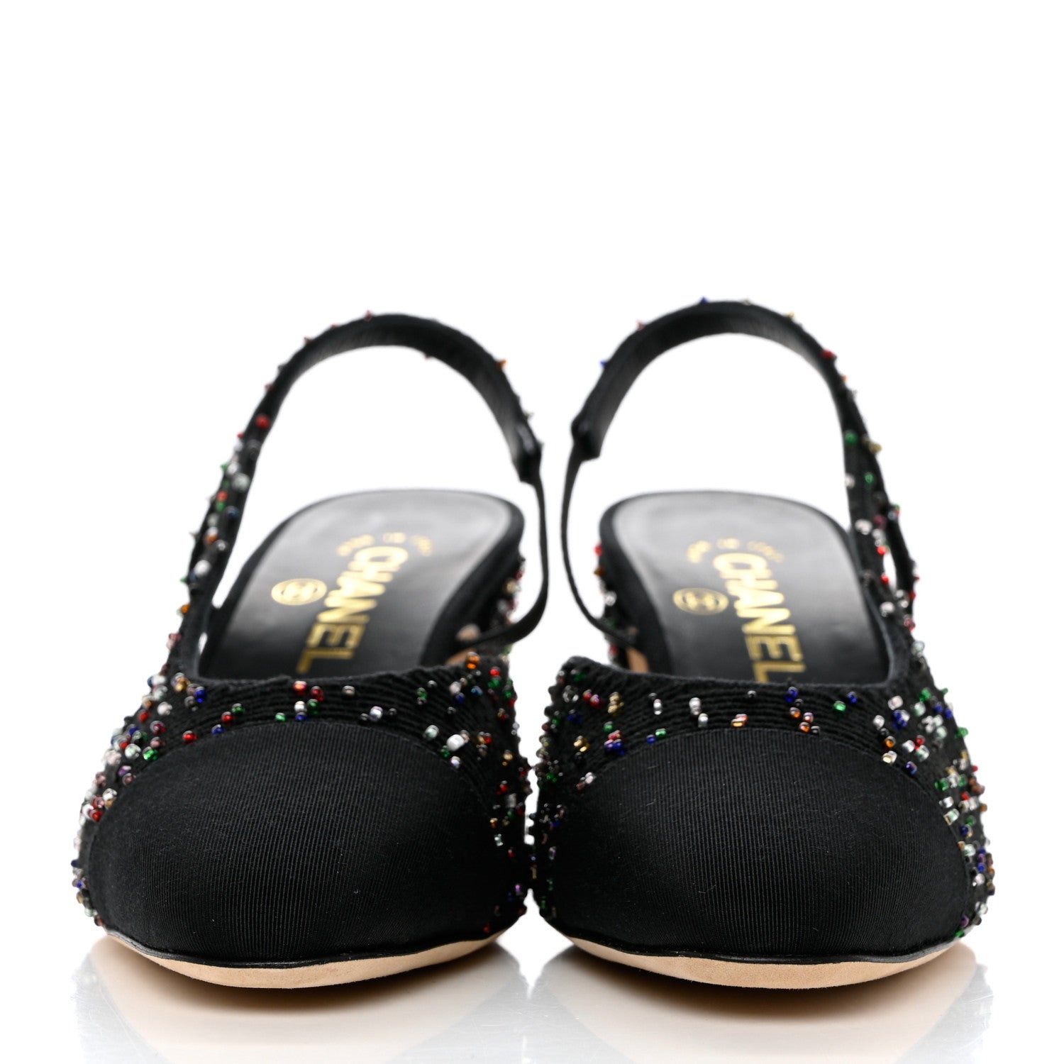 Chanel Tweed Beaded Cap Toe CC Slingback Pumps 38 Black 2 of 10