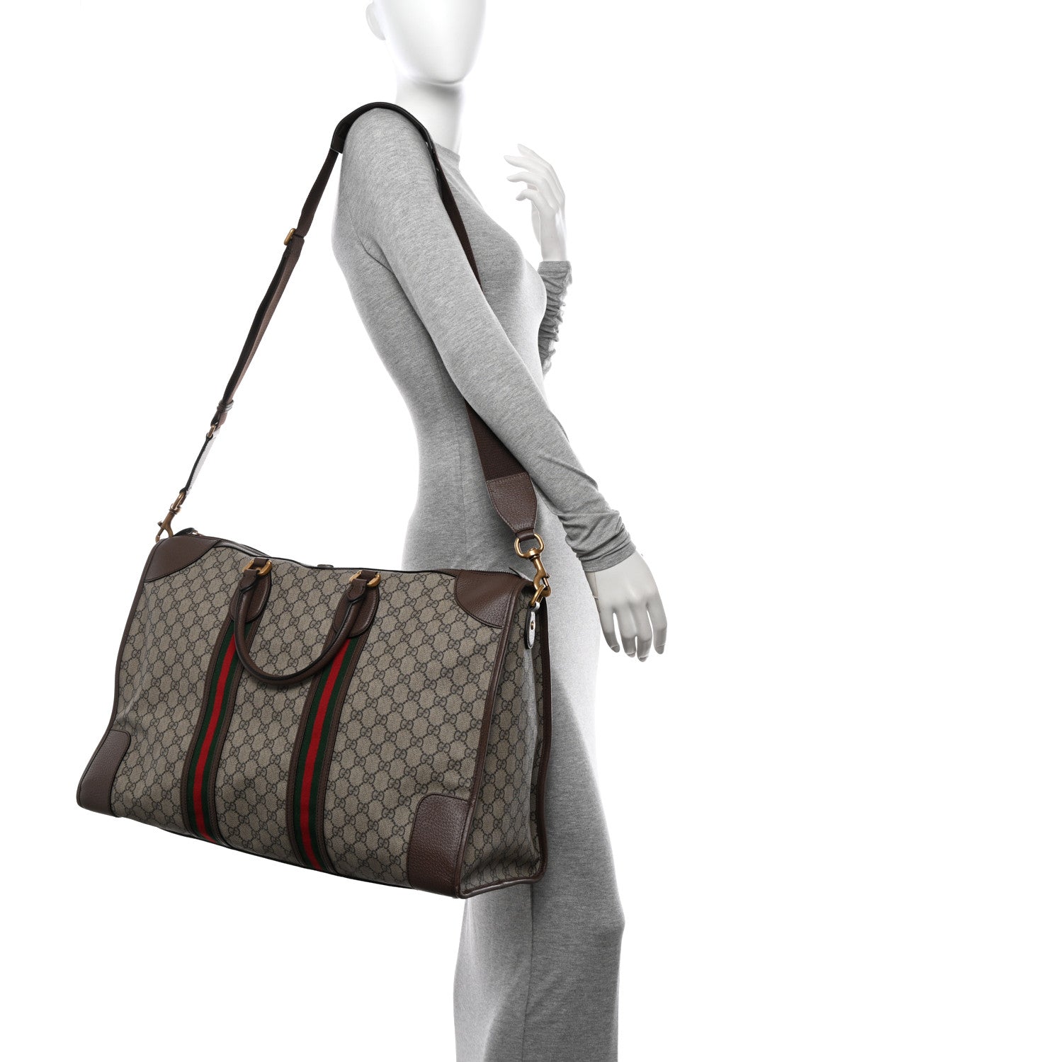 Gucci Soft GG Supreme Monogram Textured Dollar Calfskin Web Large Ophidia Carry-On Duffle Bag Beige Ebony New Acero 2 of 14
