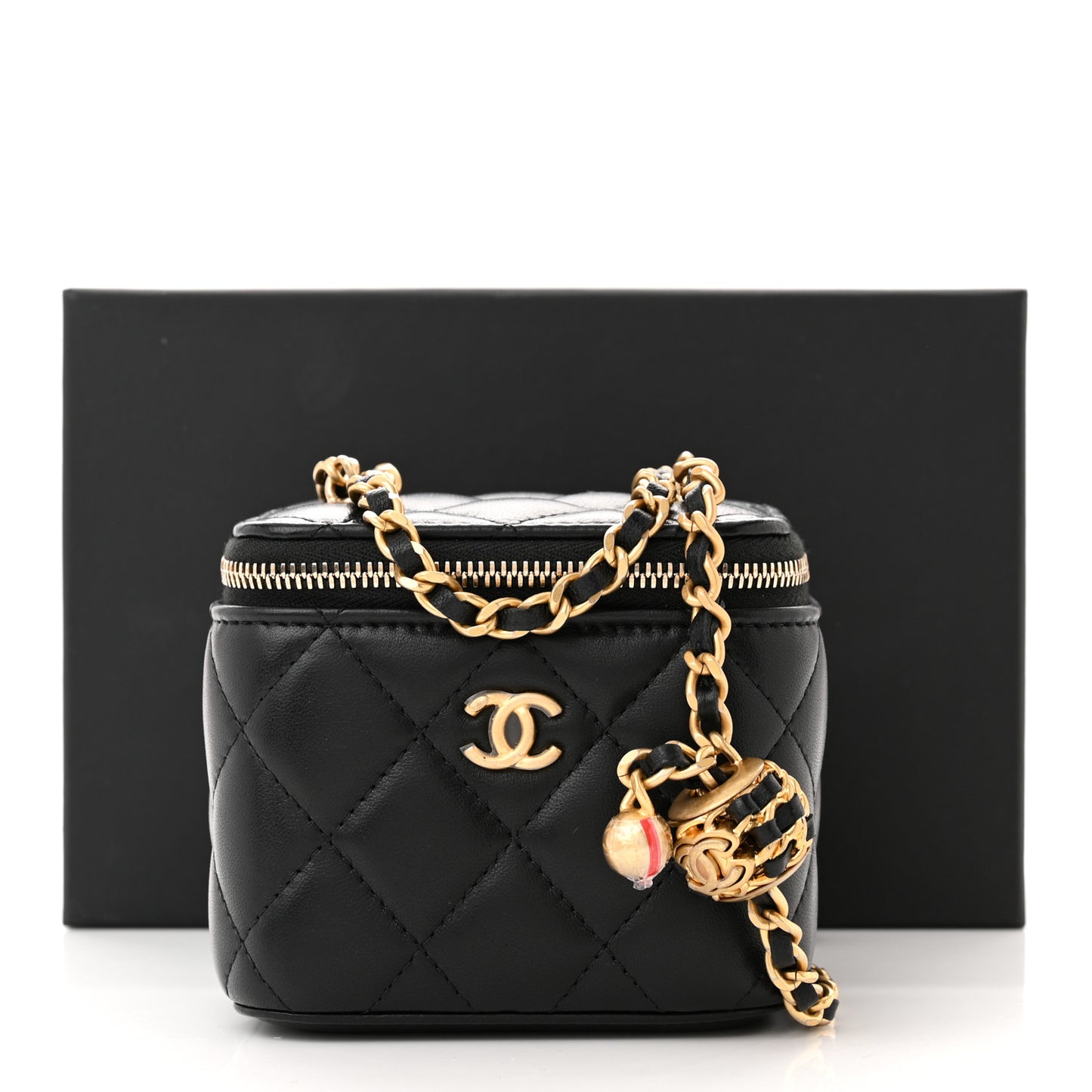 Lambskin Quilted Mini Pearl Crush Vanity Case With Chain Black
