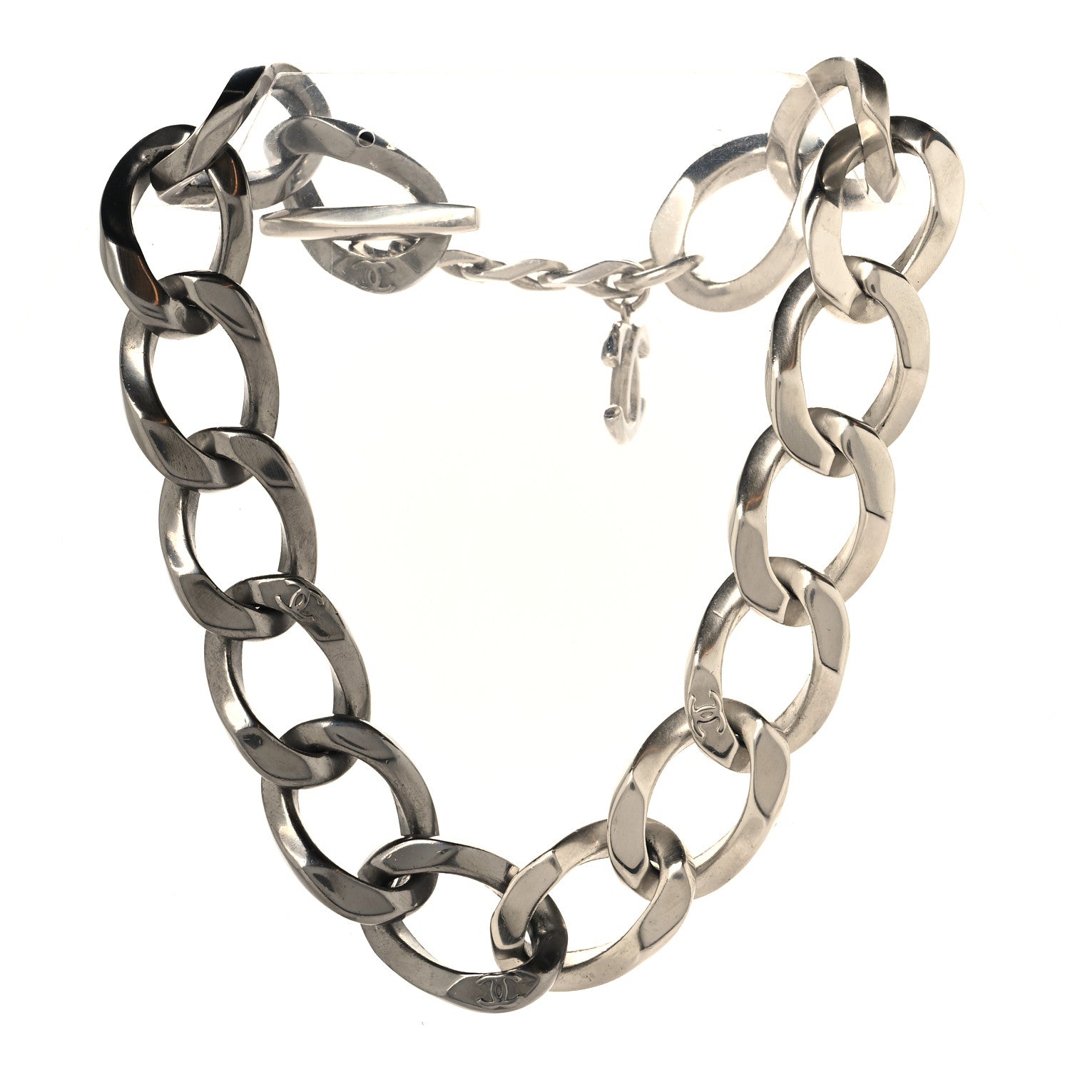 Chanel Metal Chain Link CC Choker Necklace Silver 3 of 5
