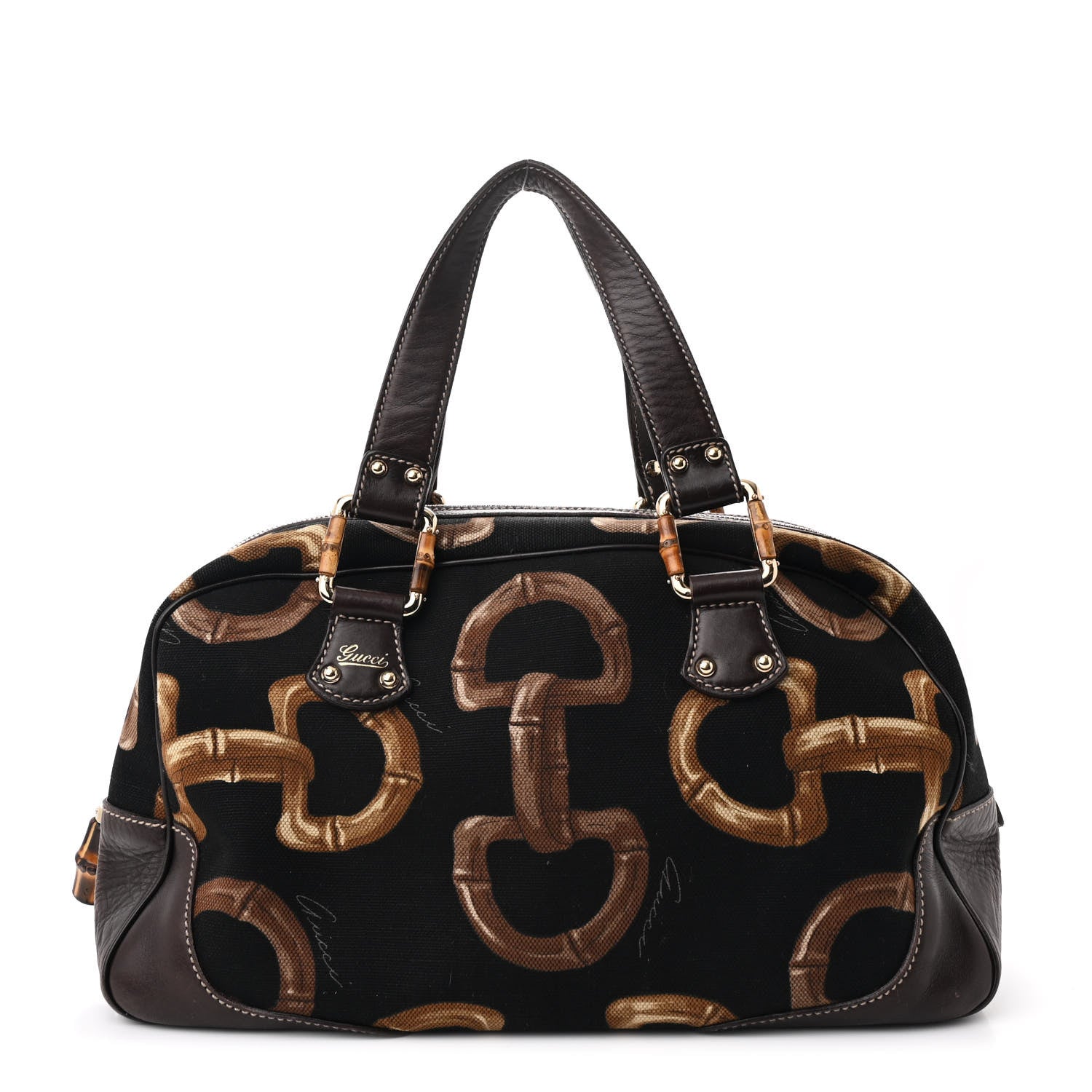 Gucci Canvas Calfskin Bamboo Horsebit Print Boston Black Dark Brown 1 of 10