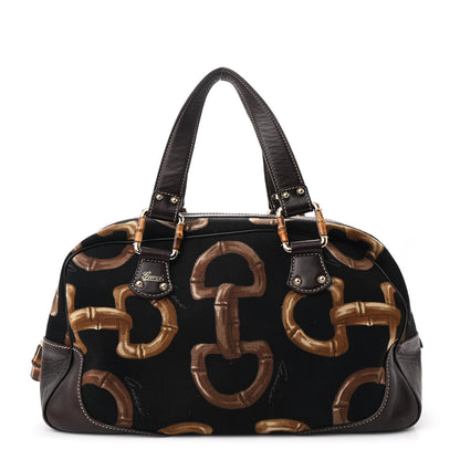 Gucci Canvas Calfskin Bamboo Horsebit Print Boston Black Dark Brown 1 of 10