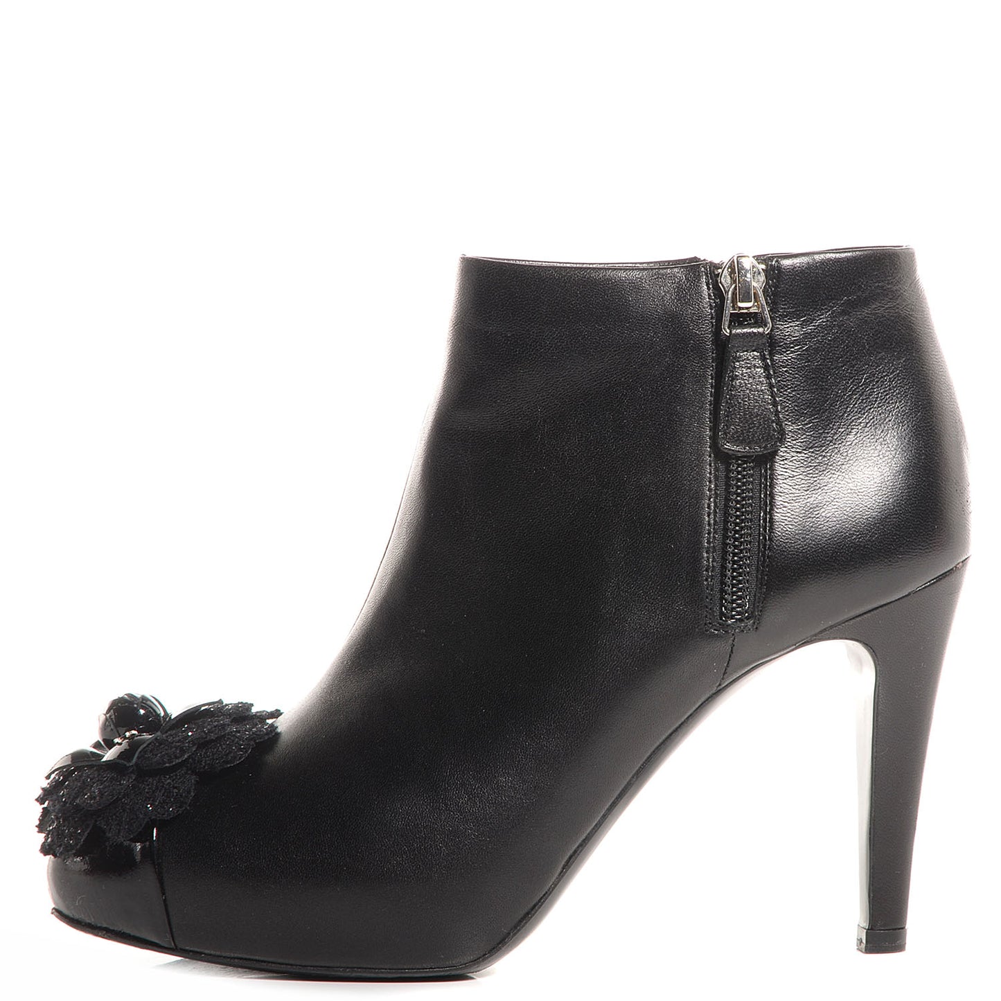 Leather Cap Toe Tweed Camellia Short Boots 37 Black