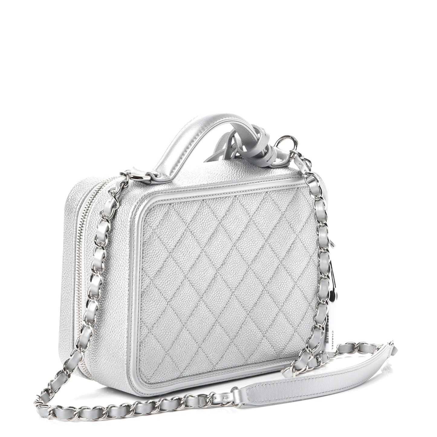 Metallic Caviar Quilted Medium CC Filigree Vanity Case Silver