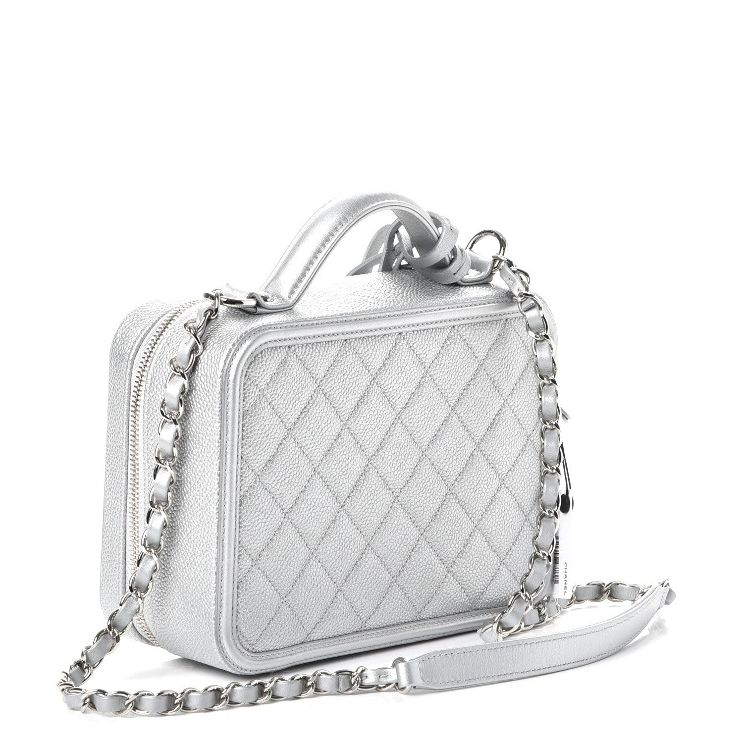 Chanel Metallic Caviar Quilted Medium CC Filigree Vanity Case Silver 3 of 8