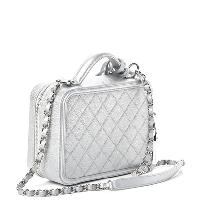 Chanel Metallic Caviar Quilted Medium CC Filigree Vanity Case Silver 3 of 8