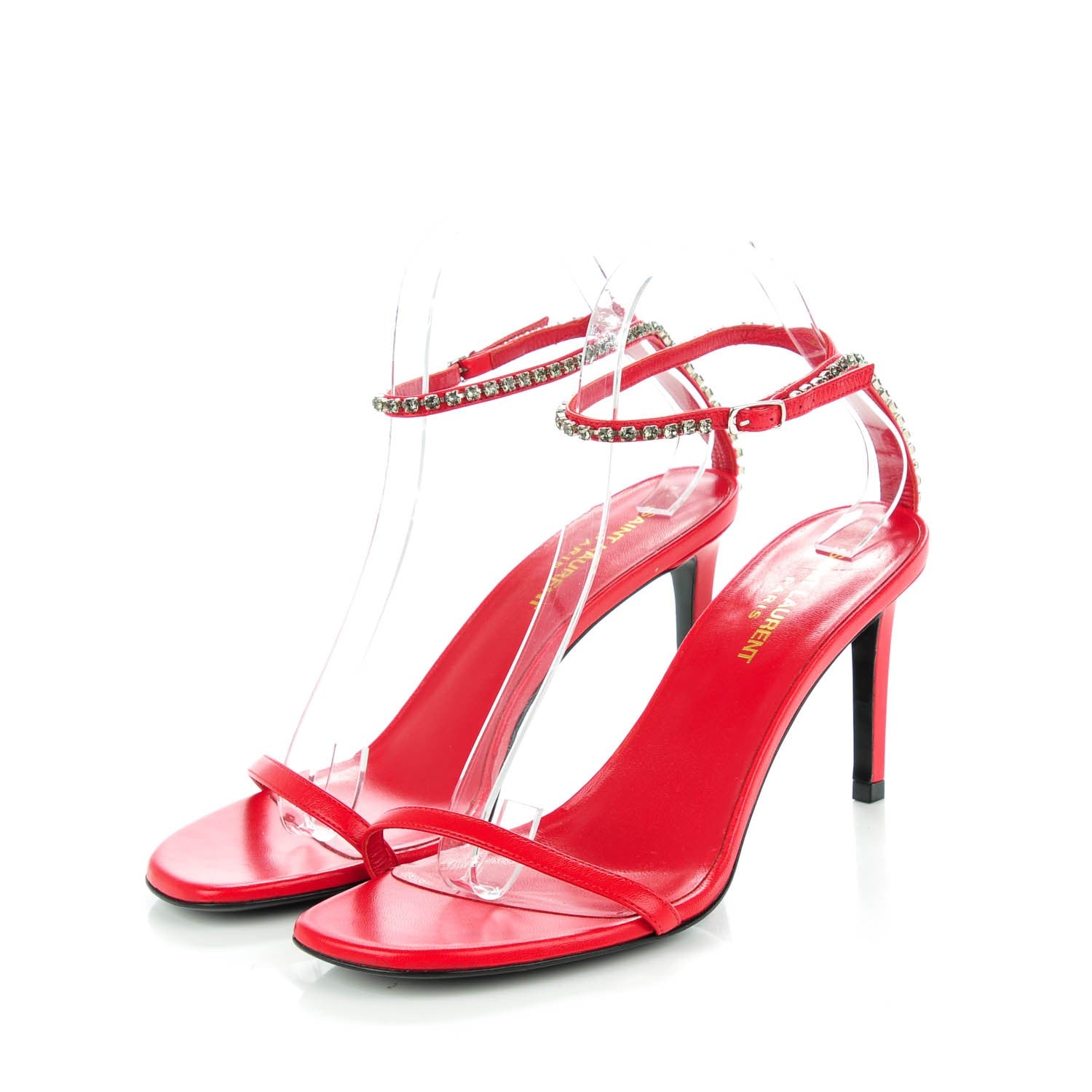 Saint Laurent Crystal Calfskin Kate Ankle Strap Sandals 38.5 Red 3 of 7
