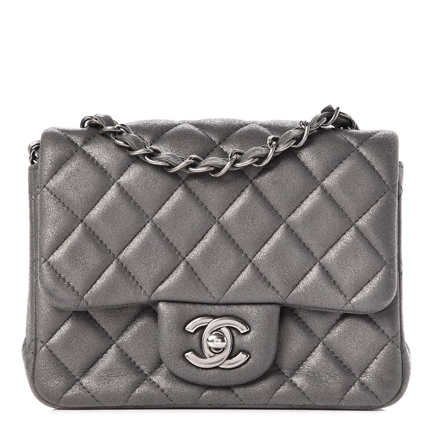 Iridescent Calfskin Quilted Mini Square Flap Grey