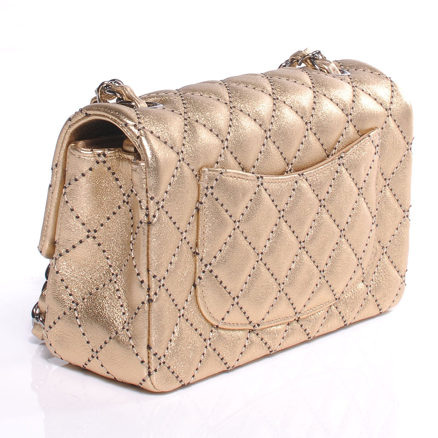 Metallic Washed Lambskin Quilted New Mini Flap Dark Gold Black