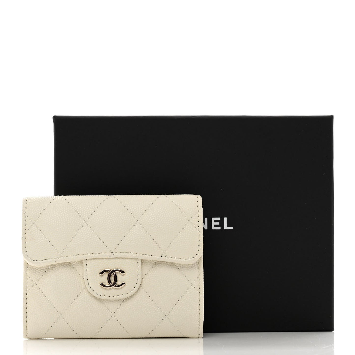 Caviar Quilted Flap Card Holder Wallet White