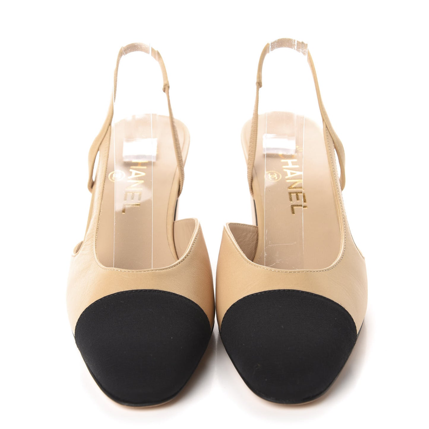 Goatskin Grosgrain Cap Toe CC Slingback Pumps 37.5 Beige Black