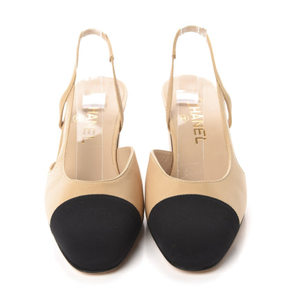 Chanel Goatskin Grosgrain Cap Toe CC Slingback Pumps 37.5 Beige Black 2 of 10