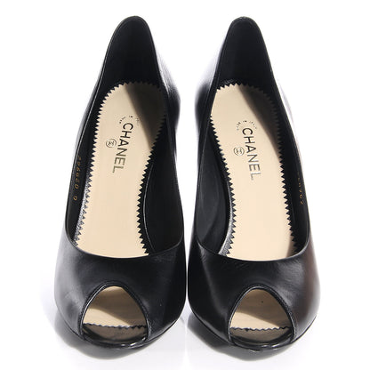 Chanel Leather Pearl CC Peep Toe Pumps 38 Black 2 of 8
