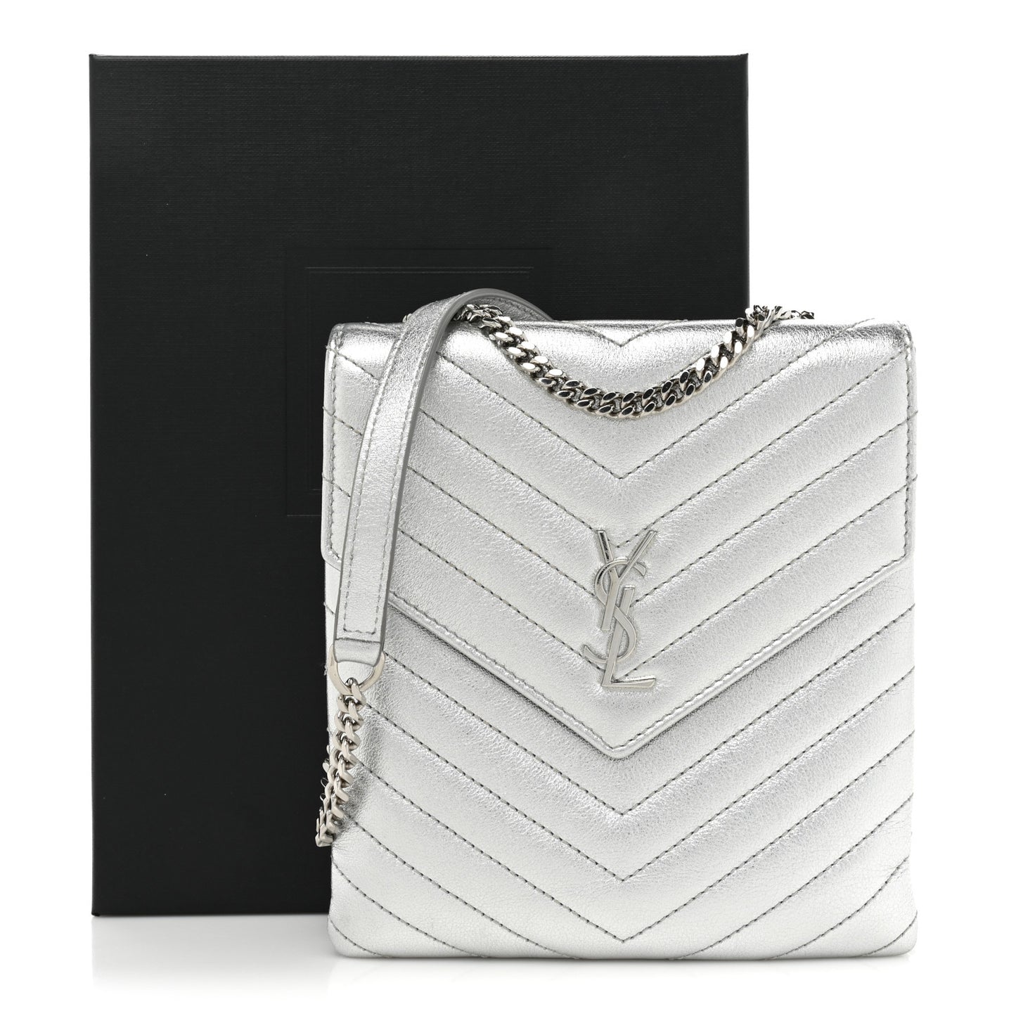 Metallic Lambskin Quilted Double Flap Bag Silver